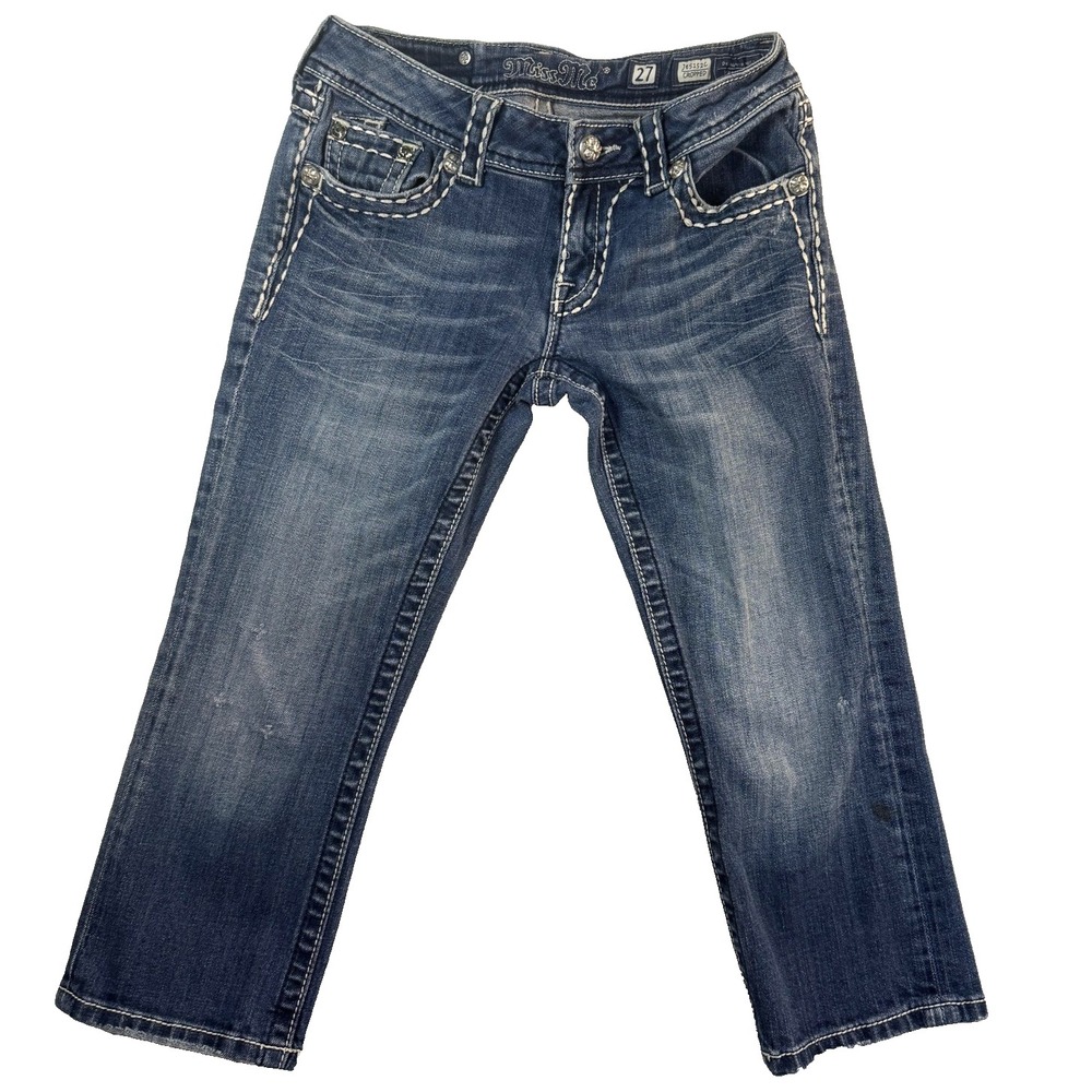 Miss Me Jeans Womens 27 Blue Cropped Embroidered Rhinestone Y2K McBling